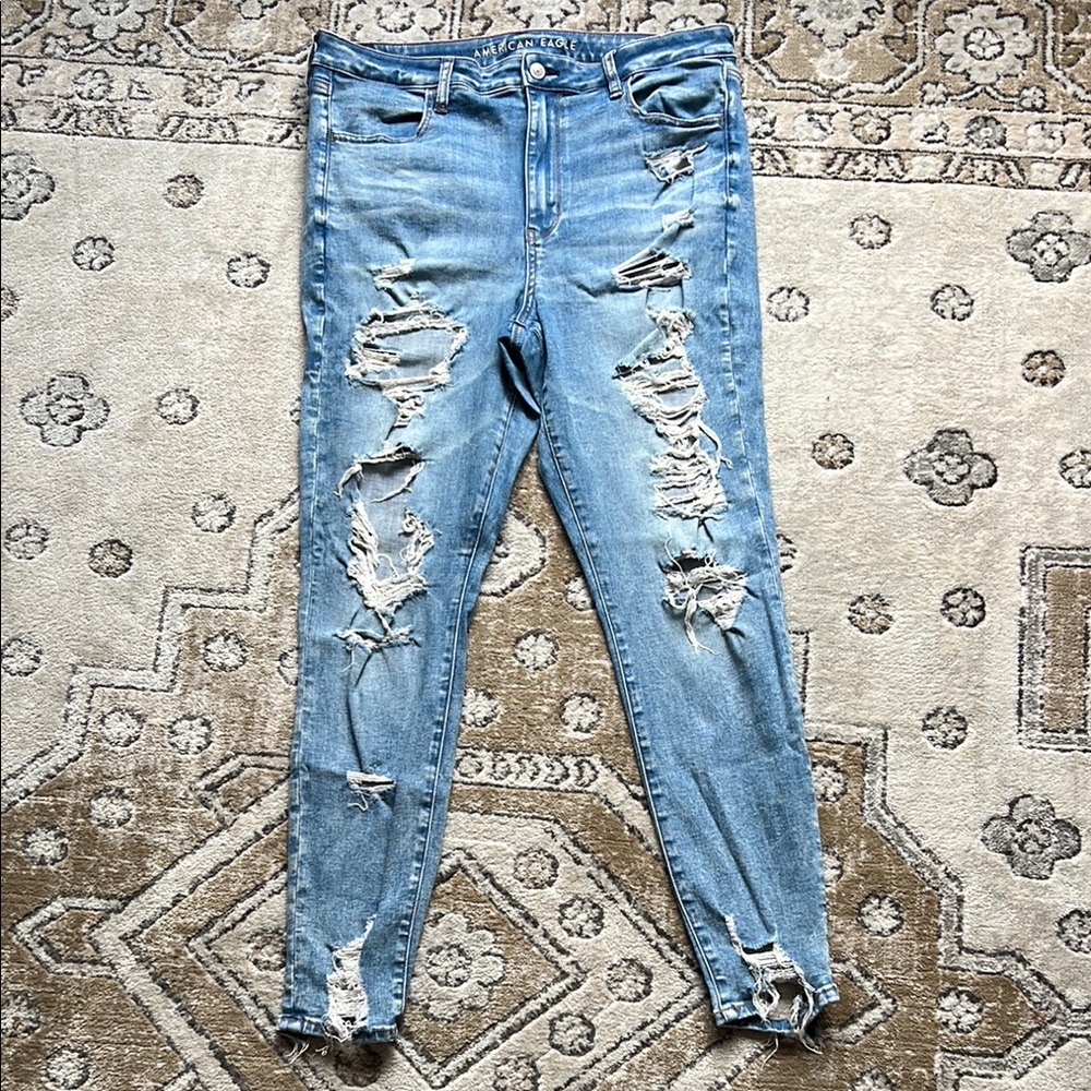American Eagle Outfitters Blue Skinny Jeans with Distressed Details